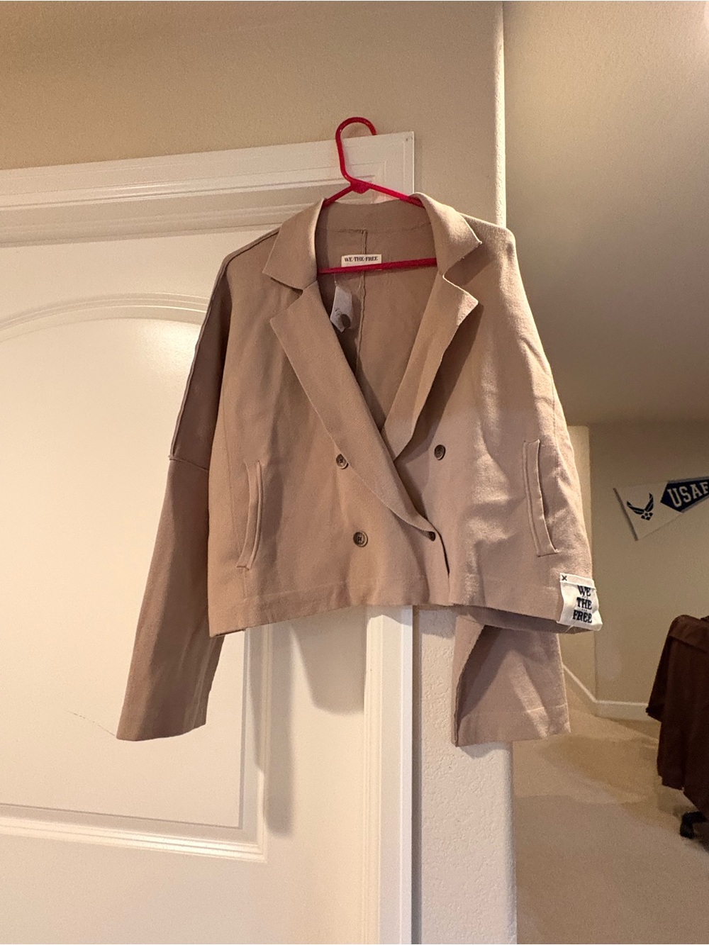 We The Free Cropped Beige Double-Breasted Blazer